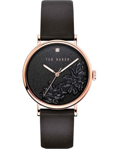 Ted Baker Phylipa Flowers Stainless Steel Quartz Watch With Leather Calfskin Strap - Black