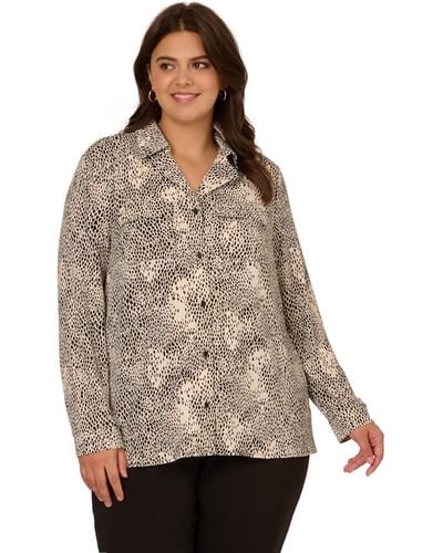Adrianna Papell Plus Size Knit Utility Top With Long Sleeves And Chest Pockets - Natural