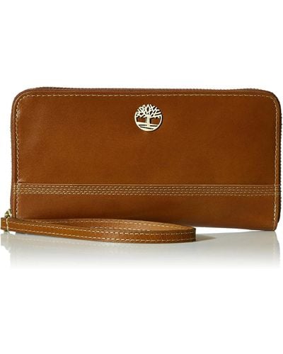 Timberland Womens Leather Rfid Zip Around Wallet Clutch With Strap Wristlet - Brown
