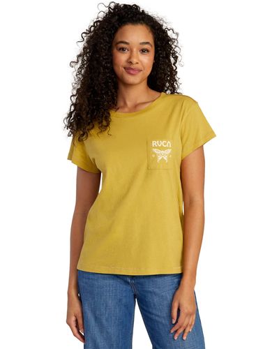 RVCA Womens Red Stitch Short Sleeve Graphic Tee T Shirt - Yellow