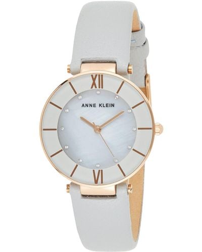 Anne Klein Ak/3272rglg Premium Crystal Accented Rose Gold-tone And Light Gray Leather Strap Watch