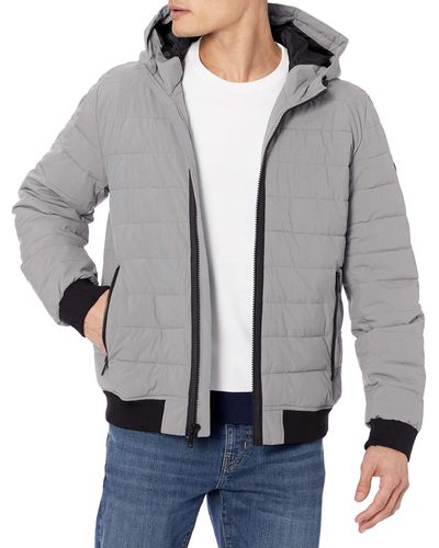 DKNY Quilted Performance Hooded Bomber Jacket - Gray