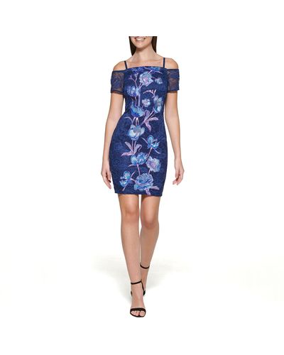 Guess Off The Shoulder Printed Embellished Mesh Mini Dress - Blue
