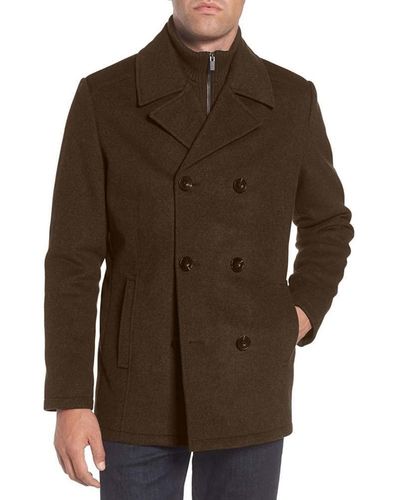 Kenneth Cole Notched Lapel Wool Pea Coat Knit Bib - Brown