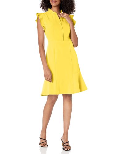 Nanette Lepore Cap Sleeve Shirt Dress With Front Button Placket Closure And Ruffle Detail At The Neck - Yellow