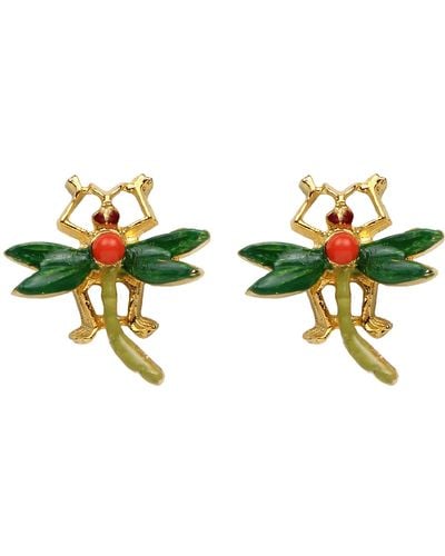 Ben-Amun 24k Gold Plated Made In New York Statement Bug Bee Dragon Fly Moth Color Enamel Stud Clip On Earrings Vintage Antique - Green