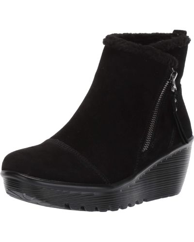 Skechers Parallel-buckle Strap Side Gore Zip Up Wedge Casual Comfort Ankle Boot Fashion - Black