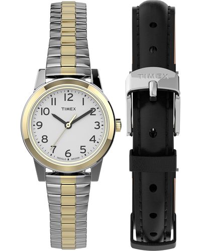 Timex Tone Case White Dial With Two-tone Expansion Band + Black Leather