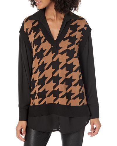 Anne Klein V-neck Houndstooth Sweater Vest W/shirt - Black