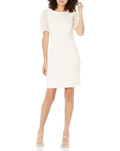 DKNY Scuba Crepe Clip Box Lurex Chiffon Mixed Media Shealth Dress - White