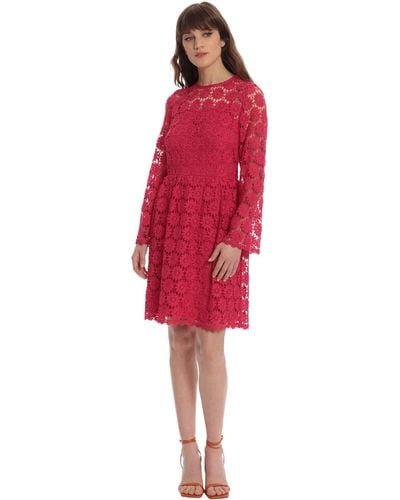 Donna Morgan Long Sleeve Chemical Lace Dress With Above The Knee Skirt - Red