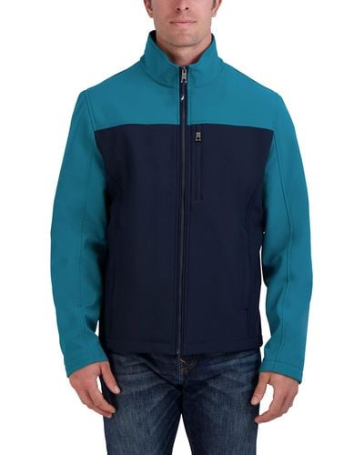 Nautica Water Resistant Softshell Jacket Long Sleeve Color Block Zip Up Coat - Blue