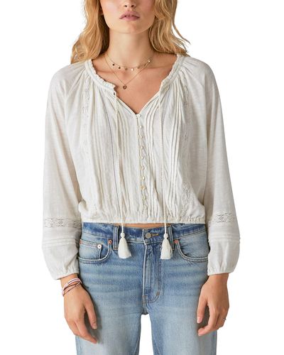 Lucky Brand Embroidered Peasant Lace Trim Top - Gray