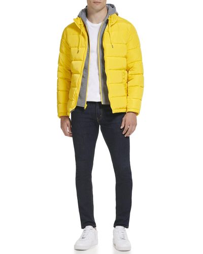 Kenneth Cole Hood Puffer Angled Welt Pockets Horizontal Quilting Jacket - Yellow