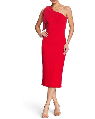Dress the Population S Tiffany Asymmetrical Bow Neckline Bodycon Midi - Red