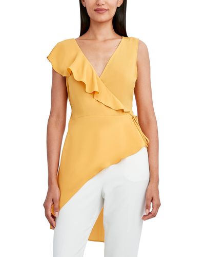 BCBGMAXAZRIA Womens Fit And Flare Asymmetrical Hem Tie Belt Flutter Peplum Top Shirt - Yellow