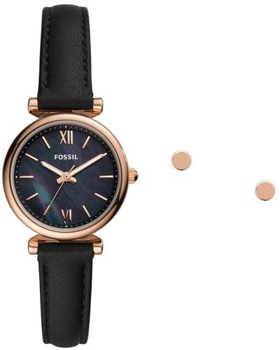 Fossil Rose Gold-tone Stud Earrings + Carlie Mini Quartz Stainless Steel And Leather Three-hand Watch - Metallic