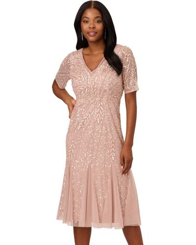 Adrianna Papell Beaded Midi Dress With Godets - Pink