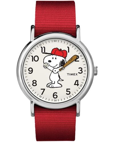 Timex Tw2r41400 Weekender 38mm Peanuts Snoopy Nylon Slip-thru Strap Watch - Red