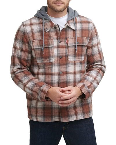 Levi's Mens Cotton Plaid Shirt With Soft Faux Fur Lining And Jersey Hood Jacket - Brown