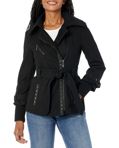Kensie Belted Zip Up Wool Coat With Silver Studs - Black