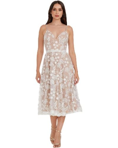Dress the Population S Tahani Plunge Neckline Fit And Flare Midi - White