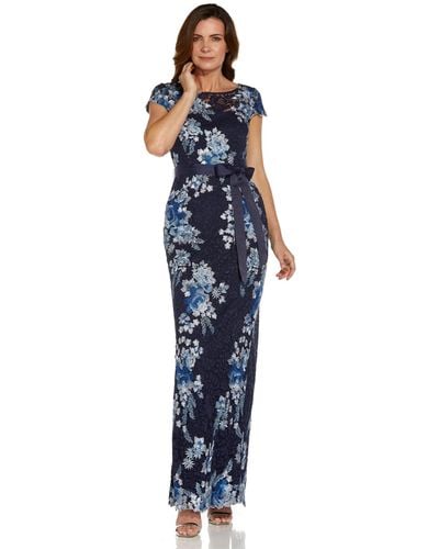 Adrianna Papell Short Sleeve Embroidered Floral Column Gown - Blue