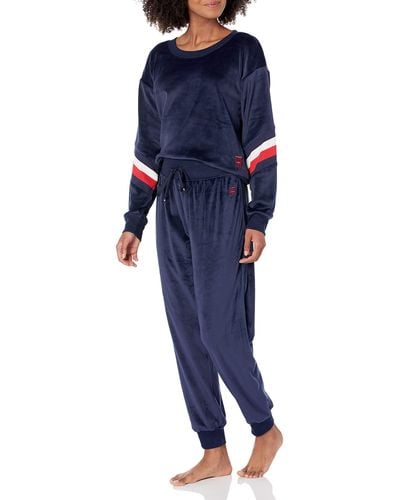 Tommy Hilfiger Logo Sleeve Velour Pullover Cuffed Bottom Pants Pajamas Set Pj - Blue