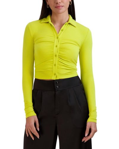 BCBGeneration Long Sleeve Collar Neck Rouched Front Button Down Knit Top - Yellow