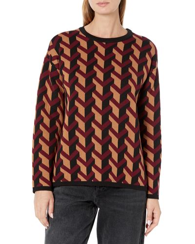Anne Klein Crew Neck Long Sleeve Jacquard Sweater - Red