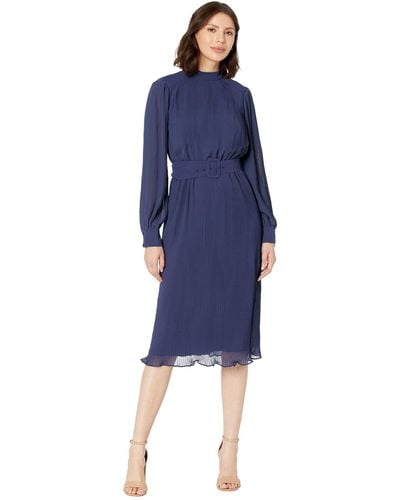 Maggy London Mock Neck Pleated Georgette Dress With Belt - Blue