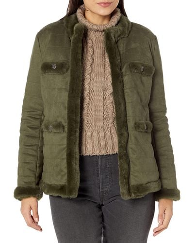Anne Klein Quilted Jacket With Fur Combo - Green