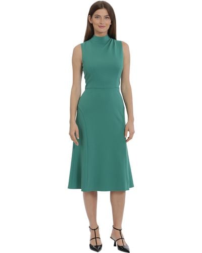 Maggy London S High Neck Empire Waist Midi Career Workwear Dress - Green