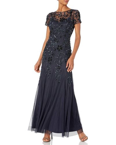 Adrianna Papell Short-sleeve Floral Beaded Godet Gown - Blue