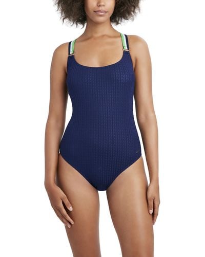 Nautica Standard One Piece Swimsuit Crossback Tummy Control Quick Dry Removable Cup Adjustable D-ring Elastic Strap Bathing Suit - Blue