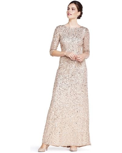 Adrianna Papell 3/4 Slv Scoop Back All-over Beaded Gown - Natural