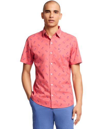 Izod Breeze Short Sleeve Button Down Patterned Shirt - Pink