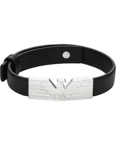 Emporio Armani Silver Stainless Steel And Black Leather Strap Id Bracelet