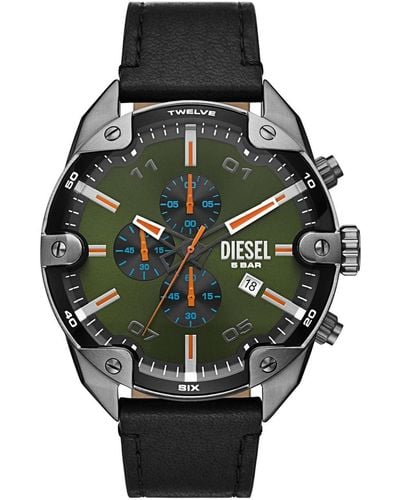 DIESEL 49mm Spiked Quartz Stainless Steel And Leather Chronograph Watch - Green