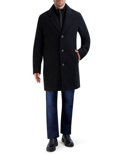 Cole Haan Car Coat With Rib Knit Bib And Faux Leather Detail - Blue