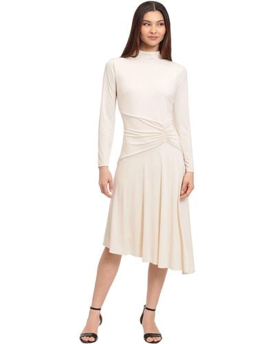 Maggy London Long Sleeve Mock Neck Midi Dress With Asymmetrical Hem - Natural