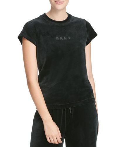 DKNY Boxy Velour Short Sleeve Pullover - Black