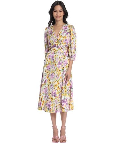 Maggy London Womens Floral Printed V-neck Empire Waist Midi Dress - White