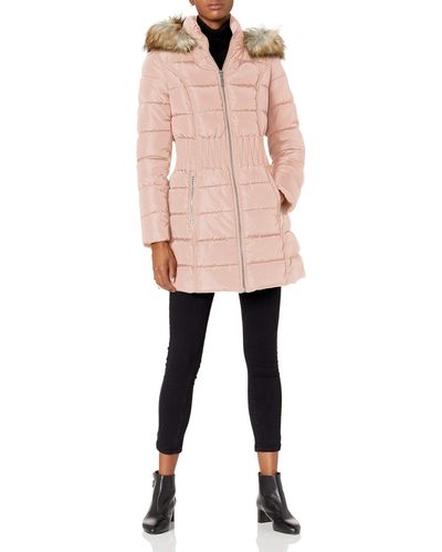 Laundry by Shelli Segal 3/4 Puffer Jacket With Zig Zag Cinched Waist And Faux Fur Trim Hood - Natural
