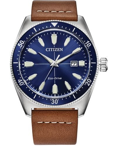 Citizen Eco-drive Sport Casual Brycen Brown Leather Strap With Blue Dial