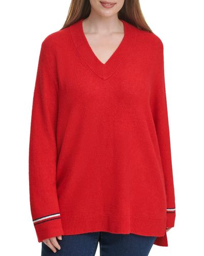 Tommy Hilfiger Plus Soft V-neck Long Sleeve Sweater - Red