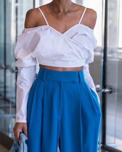 The Drop White Off Shoulder Draped Crop Top By @signedblake - Blue