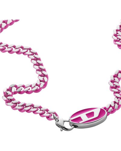 DIESEL Silver Stainless Steel And Pink Lacquer Logo Chain Necklace