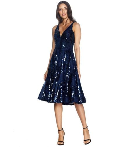 Dress the Population Sophie Sleeveless Fit & Flare Sequin Short Party Dress -navy - Blue