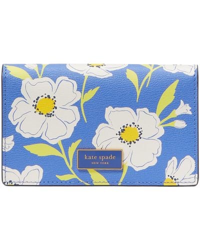 Kate Spade Katy Sunshine Floral Printed Textured Leather Small Bifold Snap Wallet - Blue